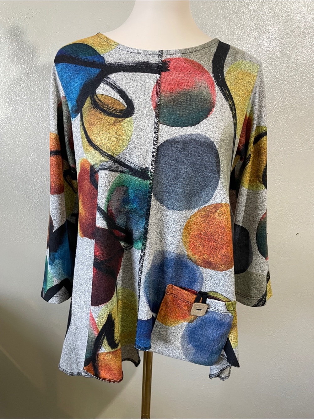 Jess & Jane Confetti Abstract Tunic Top 3/4 Sleeve Knit USA Made Small A-line